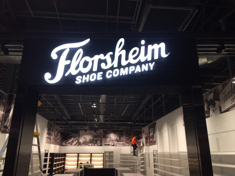 LED illuminated shopfront signage for Florsheim Shoe Company store in Perth
