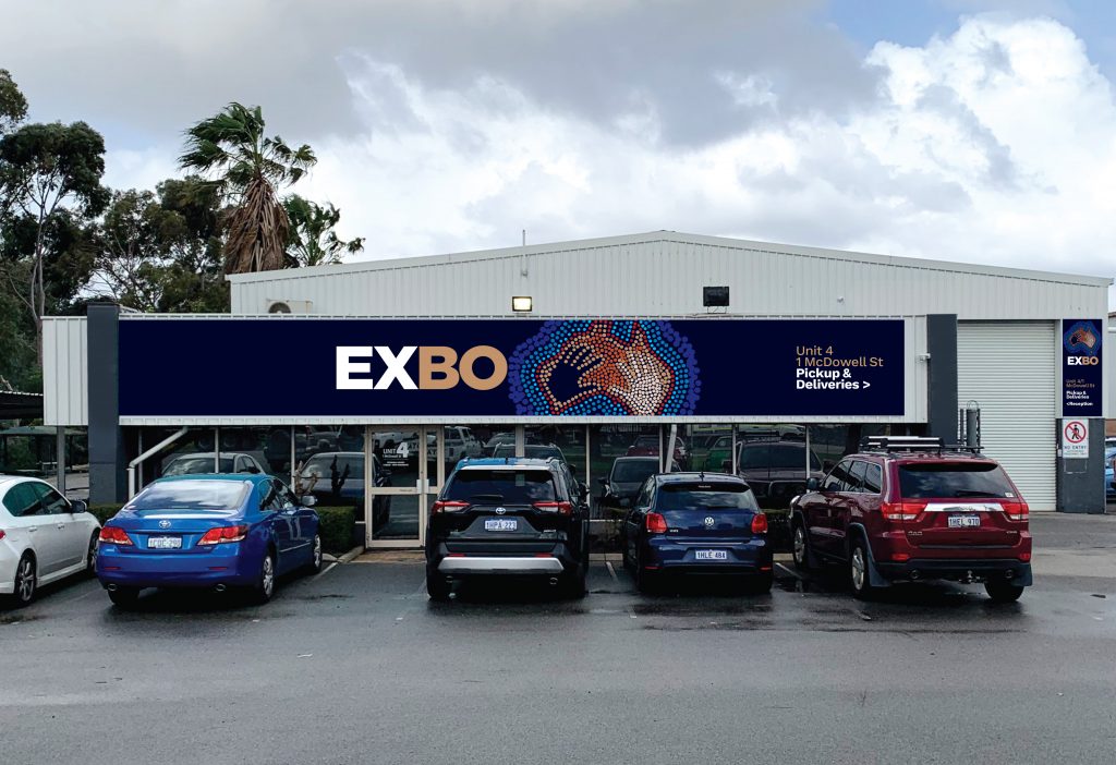Front view of EXBO office with signage